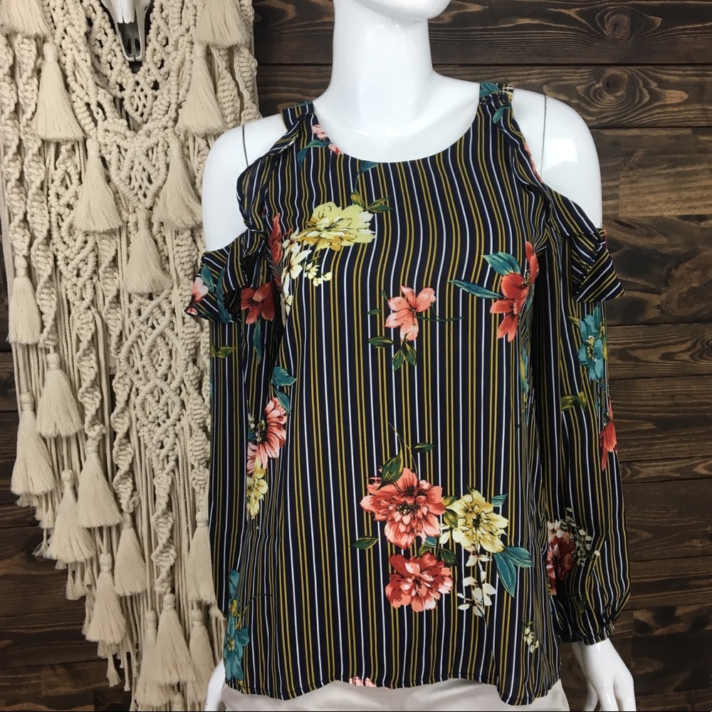 Umgee | Cold Shoulder Floral Striped Ruffle‎ Blouse